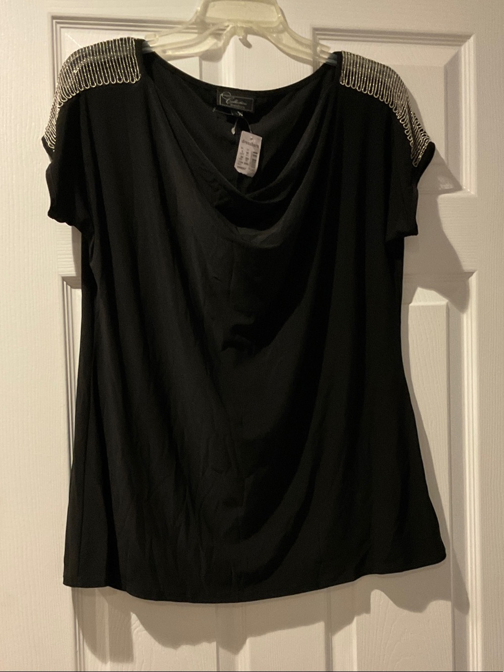 Dress Barn Black Short-Sleeve Drape Neck Top with Silver Shoulder Chains